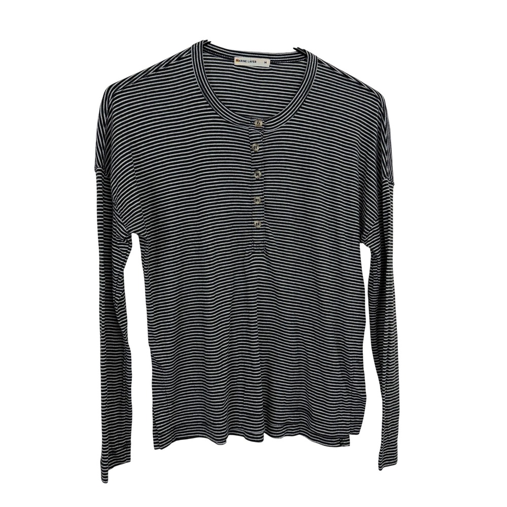 Marine Layer Henley Womens Medium Black Striped Long Sleeve Button Neck Top
